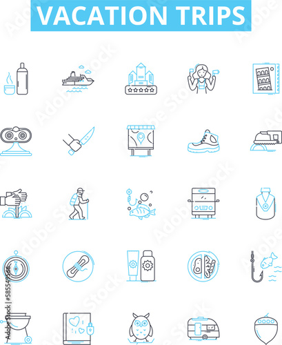 Vacation trips vector line icons set. Tours, Holidays, Travel, Cruises, Outings, Sightseeing, Adventures illustration outline concept symbols and signs