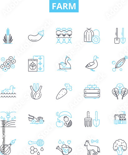 Farm vector line icons set. Farm, Agriculture, Crops, Livestock, Harvest, Fields, Tillage illustration outline concept symbols and signs