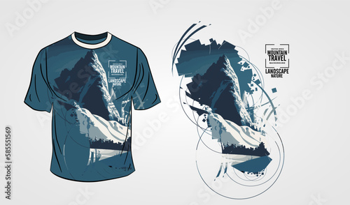 The front side of the white T-shirt isolated on a grey background with mountain subject