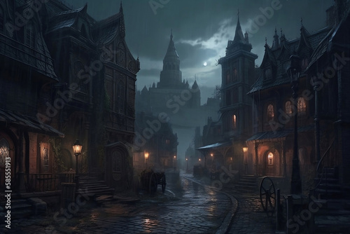 horror mysterious city at night fantasy, generative ai