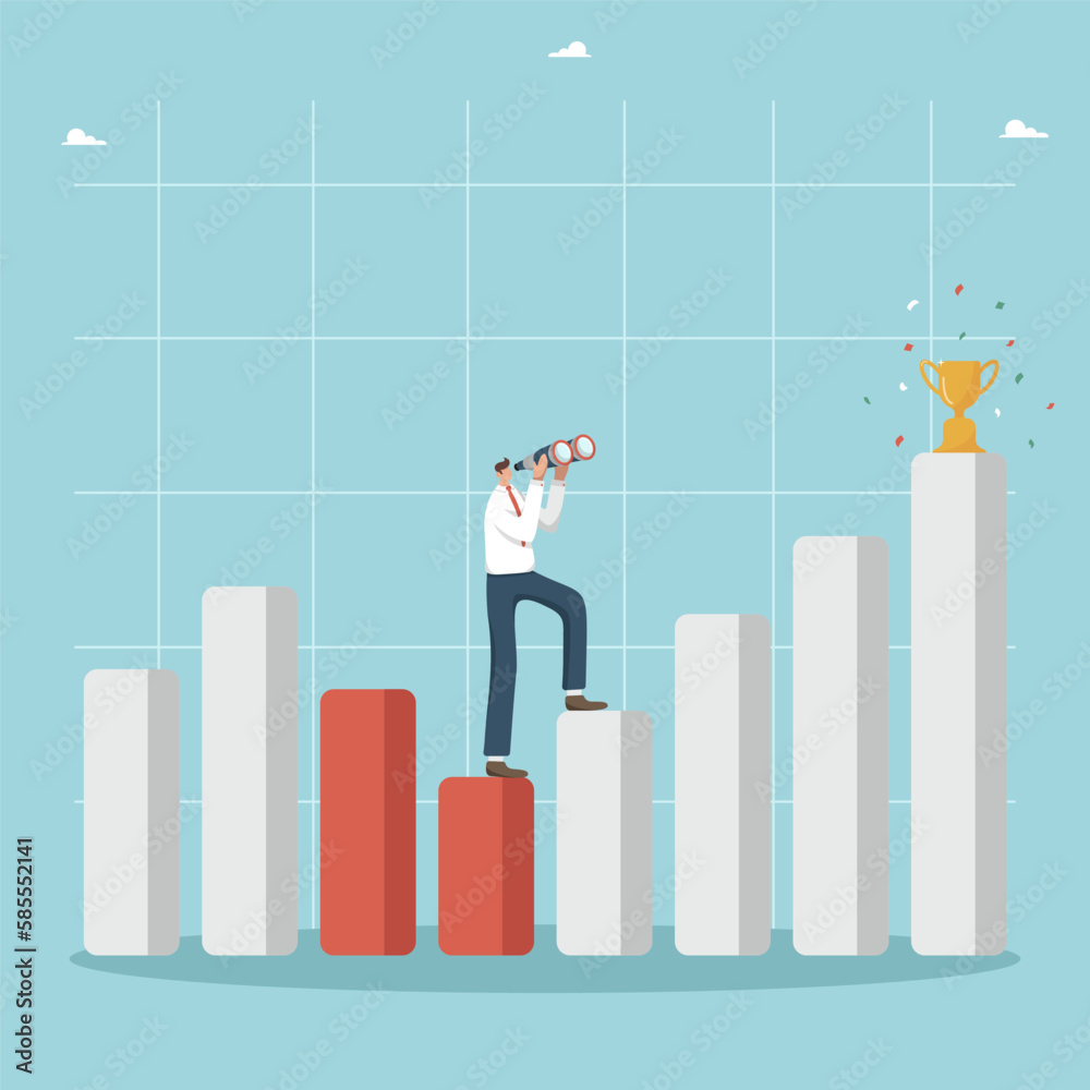 Analysis and planning of investment or innovation activities, forecasting changes in business and the market, fluctuations in economic data, man stands on a graph column and looks through binoculars. Analysis and planning of investment or innovation activities, forecasting changes in business and the market, fluctuations in economic data, man stands on a graph column and looks through binoculars.