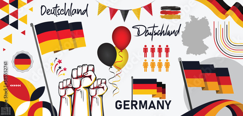 Germany national day banner design collection set. German flag theme graphic art background. Abstract Deutschland celebration decoration icons, black red yellow color. Map ribbon fists balloons vector