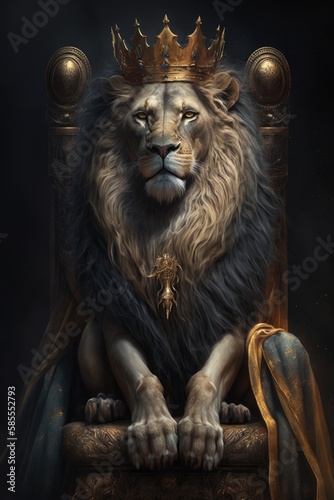 the lion king sitting on his throne wearing a crown