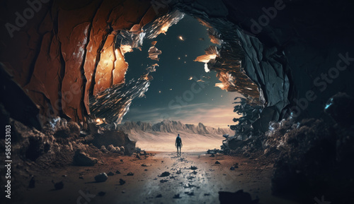 The road leading to the distance, to another world. Path to the Portal to another dimension. Beautiful and post-apocalyptic landscape. Generative AI