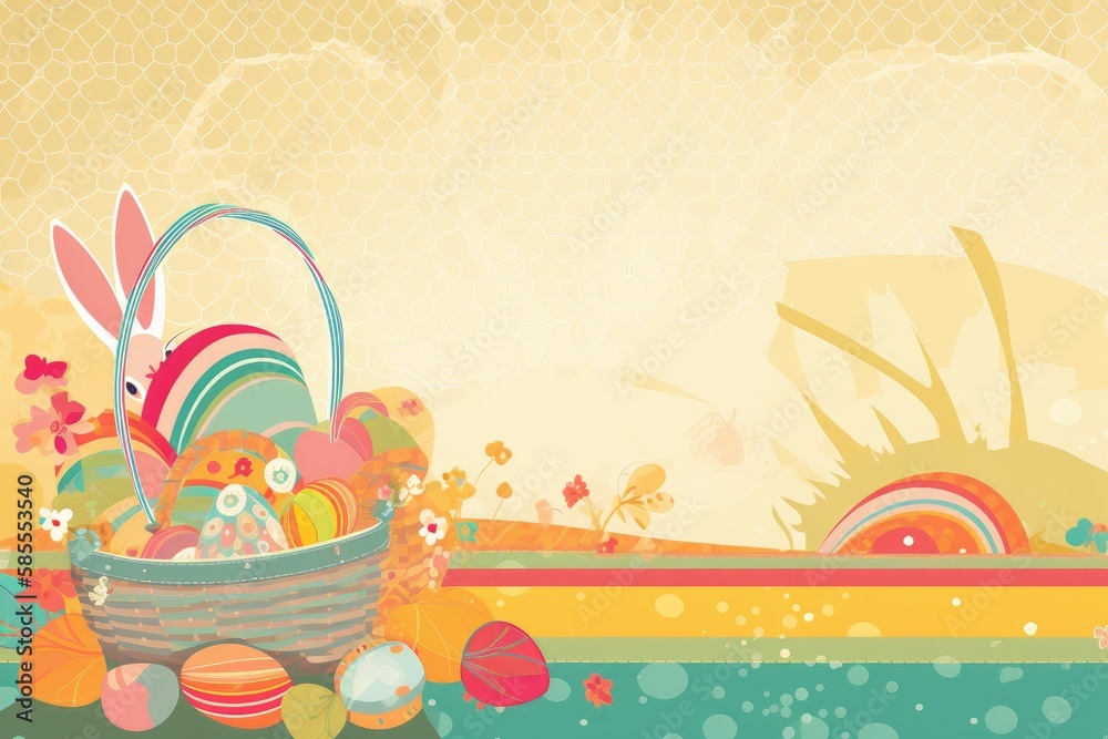 Fototapeta premium Easter Scrapbook Scrapbooking Stationary Colorful Background with Easter Bunny Eggs Basket Vector Illustration