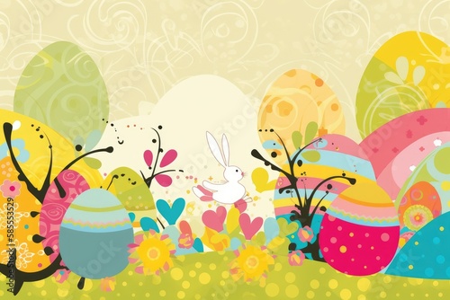 Easter Scrapbook Scrapbooking Stationary Colorful Background with Easter Bunny Eggs Basket Vector Illustration © DigitalFury