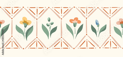 Chintz Romantic Meadow Wildflowers and Geometric Tiles Horizontal Vector Seamless Pattern Border. Cottagecore Garden Flowers Print. Homestead Bouquet Farmhouse Background. Flowers In Greenhouse