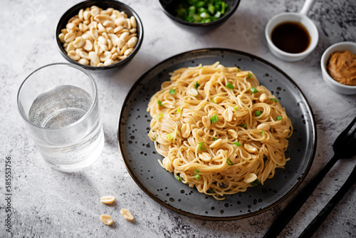 Wheat pasta with peanut butter soy sauce, roasted peanuts and scallion in a plate