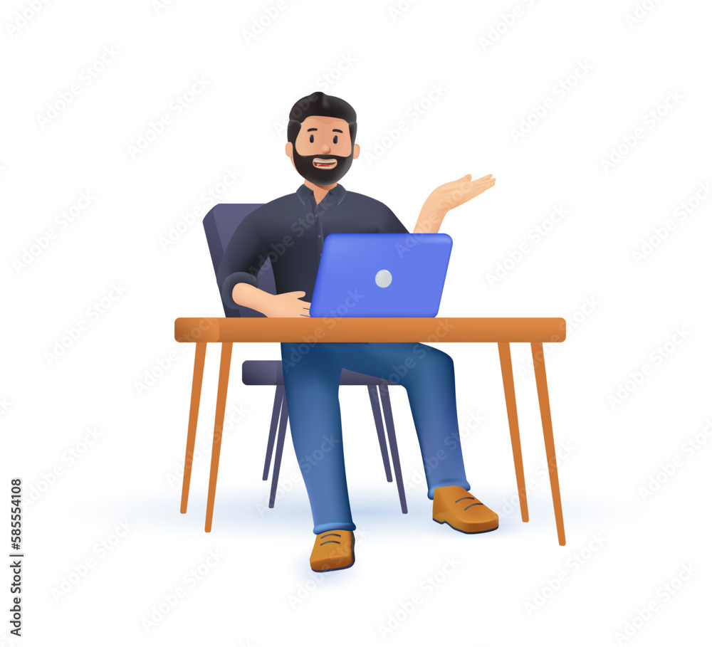 Happy businessman 3D character is sitting at desktop. Work the computer, financial analytics. Office worker or company
