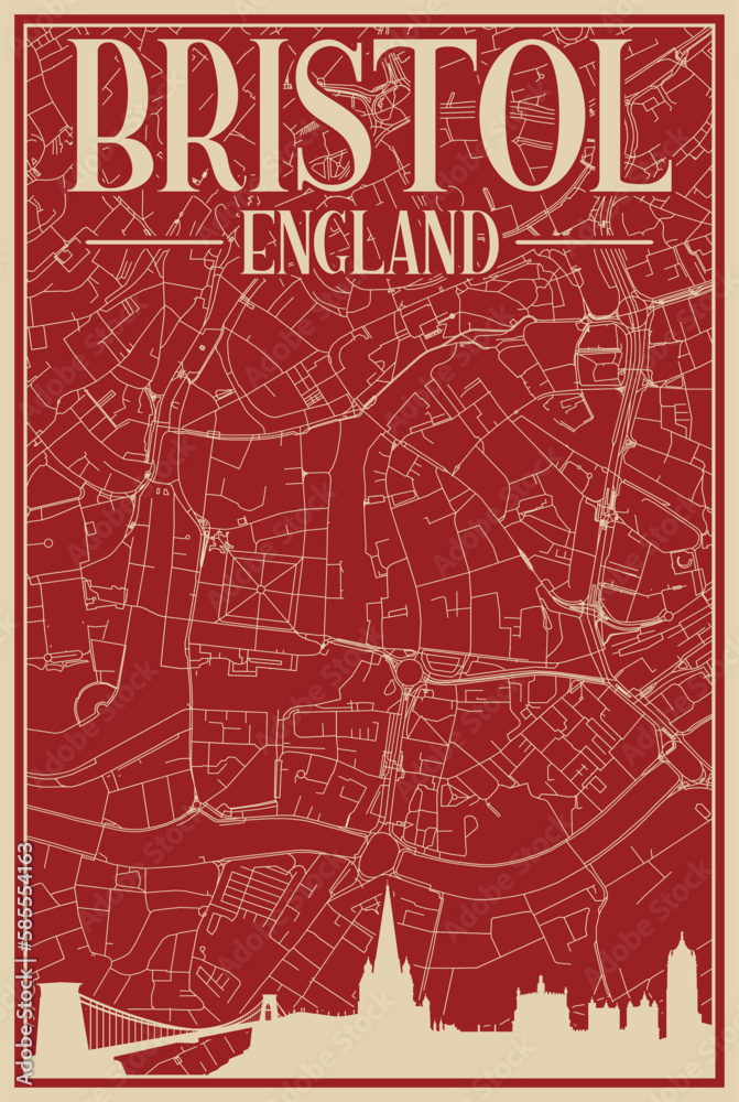 Colorful hand-drawn framed poster of the downtown BRISTOL, UNITED KINGDOM with highlighted vintage city skyline and lettering Colorful hand-drawn framed poster of the downtown BRISTOL, UNITED KINGDOM with highlighted vintage city skyline and lettering