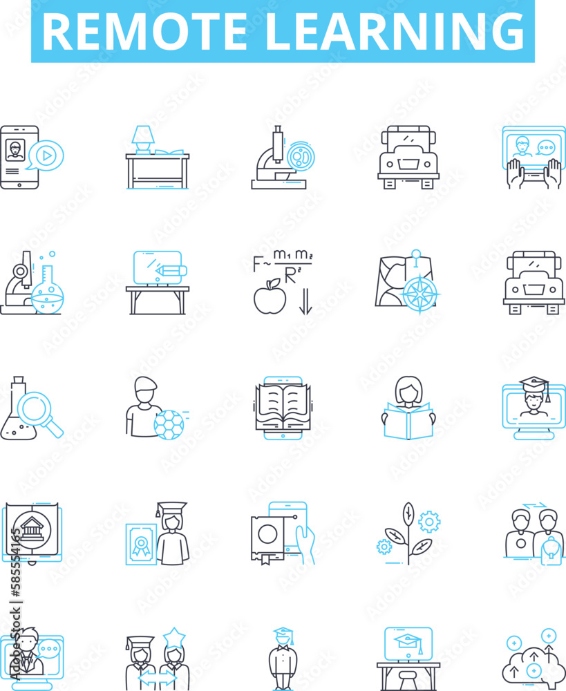Remote learning vector line icons set. Remote, Learning, Online, Education, Teleclass, Videoconferencing, Webinar illustration outline concept symbols and signs