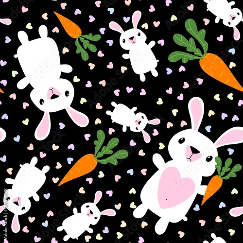 Fototapeta Naklejka Na Ścianę i Meble -  Cartoon animals seamless Easter eggs and rabbit and paint bunnies pattern for wrapping paper and kids clothes print
