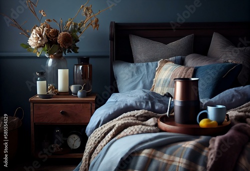 Warm and cozy bedroom interior with big bed, brown bedding, pillows, livid blue wall, wooden night stand, tray, mug, jug, plaid, vase with dried flowers and personal accessories Fototapeta