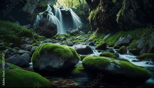 beautyfull Waterfall landscape with rocks covered.Generative AI.