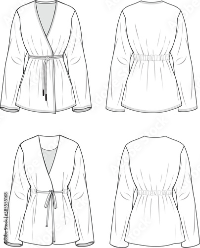 Women's Belted Jacket Set. Technical fashion illustration. Front and back, white color. Women's CAD mock-up.