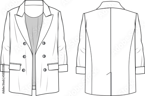 Women's Regular Fit Blazer Jacket- Technical fashion illustration. Front and back, white color. Women's CAD mock-up.