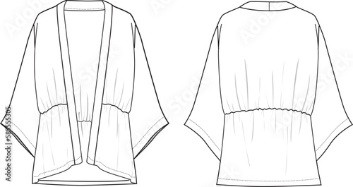 Women's Soft Chiffon Kimono. Technical fashion illustration. Front and back, white color. CAD mock-up.