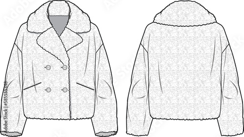 Women's Short Plush Fur Coat. Technical fashion illustration. Front and back, white color. Women's CAD mock-