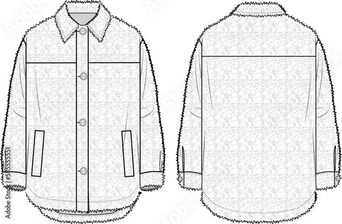 Women's Button-up Teddy Coat. Technical fashion illustration. Front and back, white colour. Women's CAD mock-