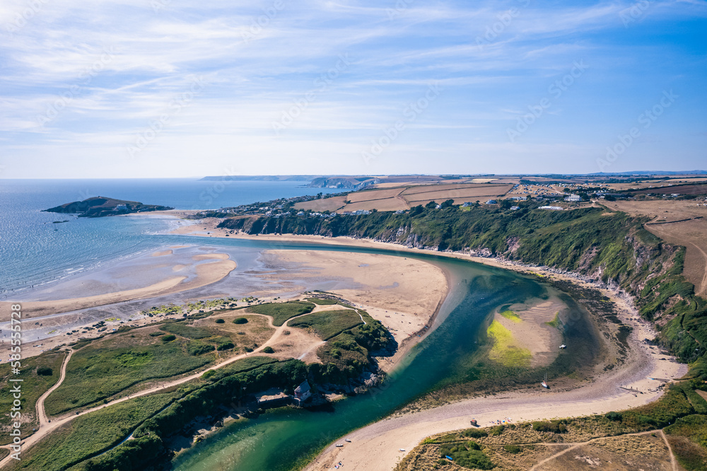 Aerial view of Bantham Beach and River Avon from a drone, South Hams, Devon, England 	