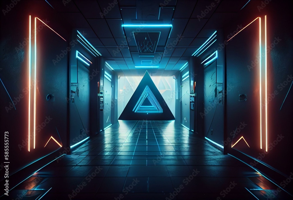 Ilustracja Stock Futuristic Interior Corridor With Blue Neon Lights Walls Triangle Shaped