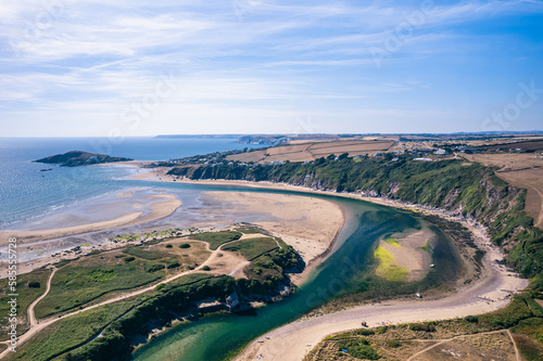 Aerial view of Bantham Beach and River Avon from a drone, South Hams, Devon, England 