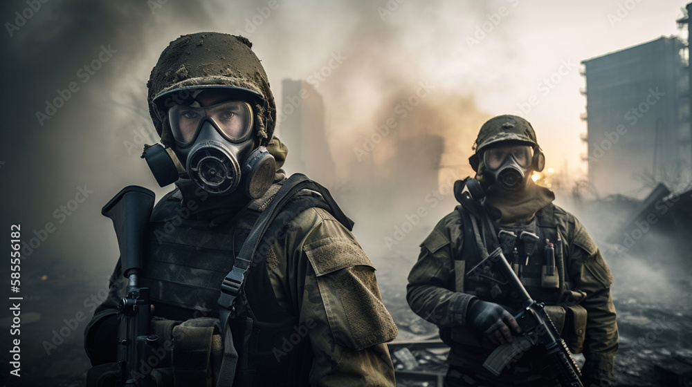 masked soldiers, standing firmly. They stare directly into the camera masked soldiers, standing firmly. They stare directly into the camera