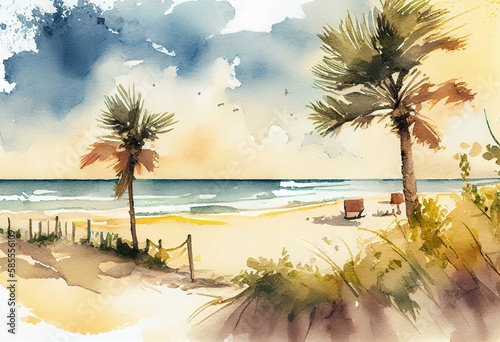 A beach scene with palm trees  sand  and the ocean  watercolor style  Generative AI