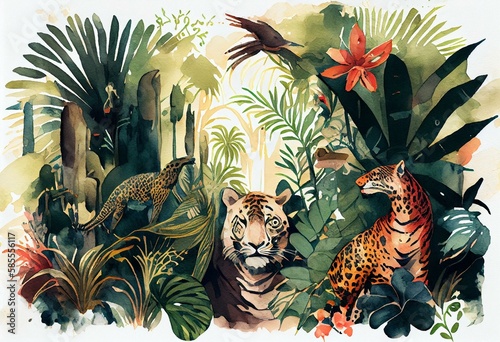 A tropical jungle with exotic animals, watercolor style, Generative AI photo