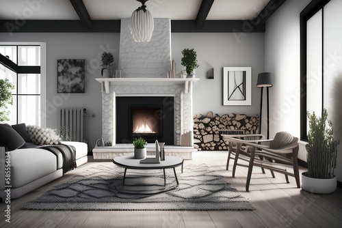 Fireplace Pattern in Scandinavian Farmhouse Style Living Room Interior. 3D render drawing. - generative ai 