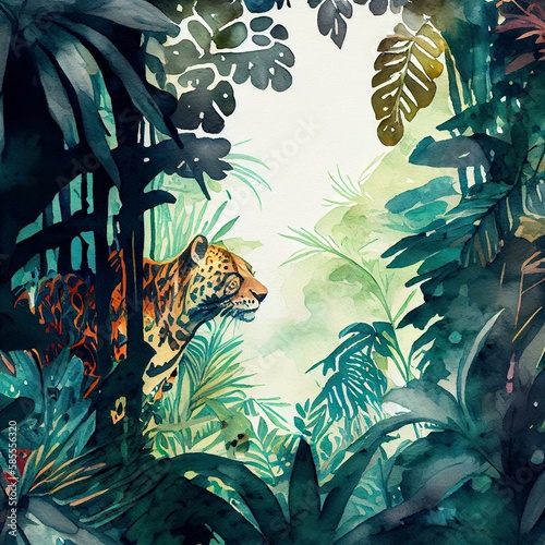 A tropical jungle with exotic animals, watercolor style, aspect ratio 3:2 Generative AI