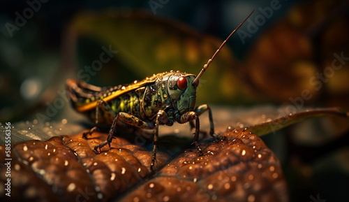 A grasshopper was standing on a leaf. Based on Generative Ai. © Dind's_Project