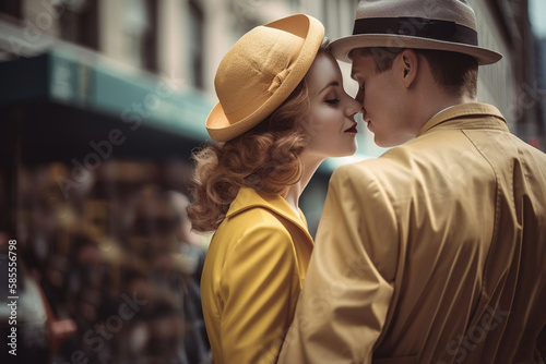female and male couple in vintage 1940s years style kissing on the street, created with Generative AI Technology photo