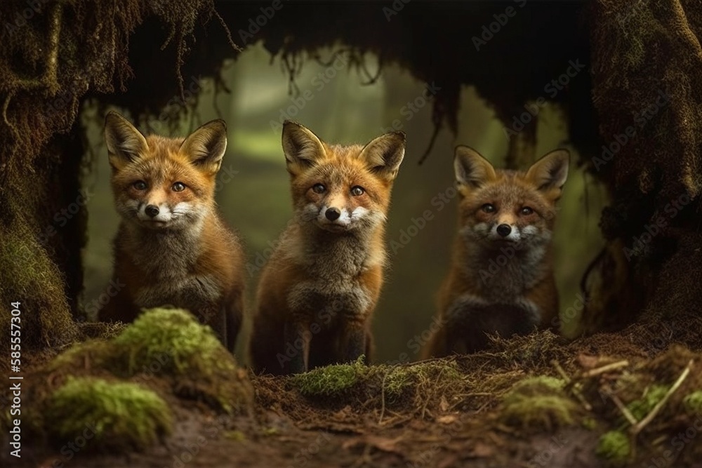Obraz premium 3 little red foxes in the woods - generative AI