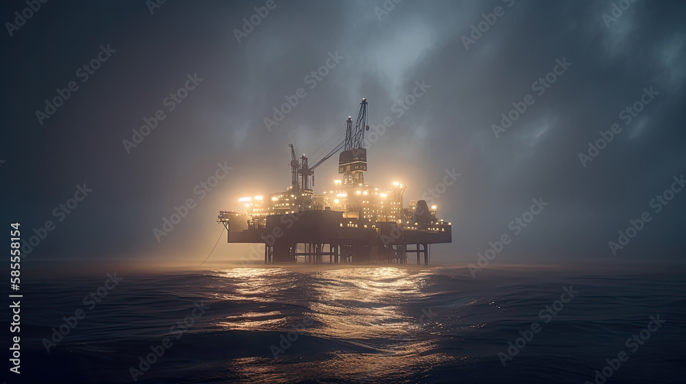 oil rig at sunset created with Generative AI technology