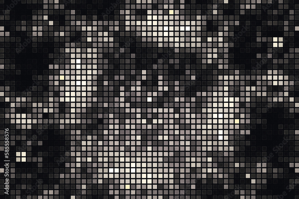 White mosaic pattern of small squares on a black background. Abstract fractal 3D rendering