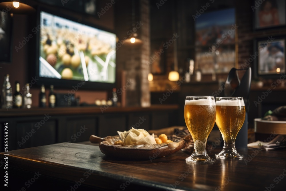 Preparation for watching the sport game.Cooled glass of beer with condensate on the wooden table. Blurred bar at the background Generative AI

