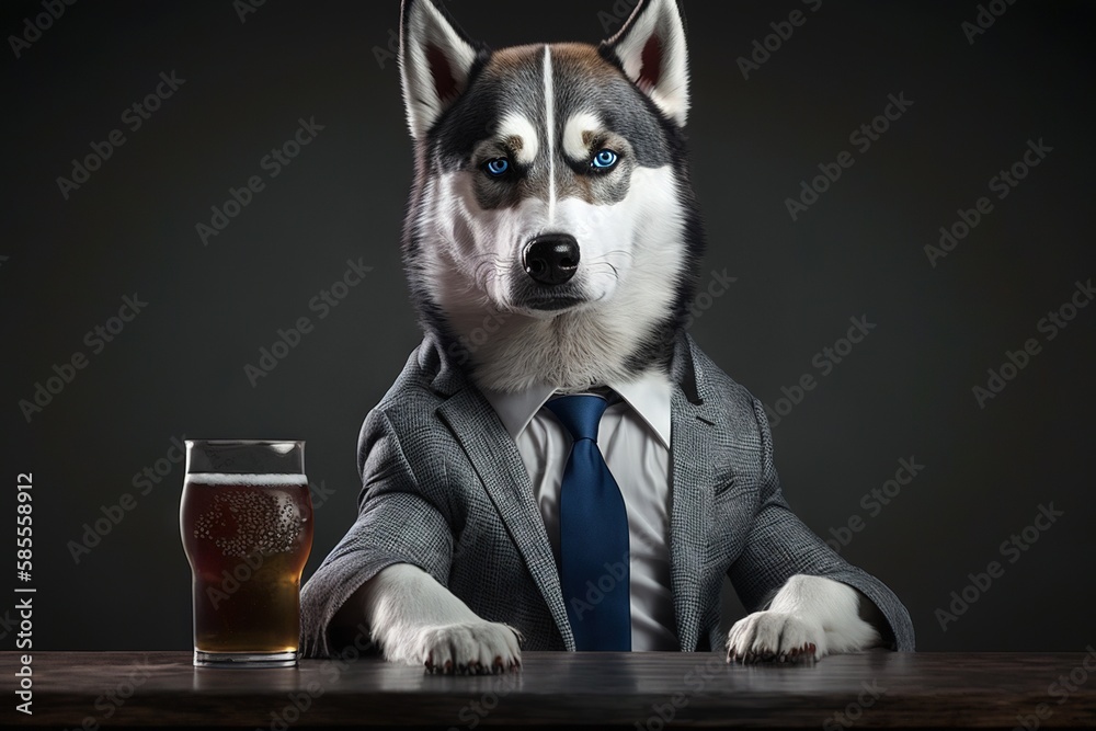 Portrait of a dog husky in a business suit with a glass of beer congratulations and celebration generative ai Stock Illustration Adobe Stock