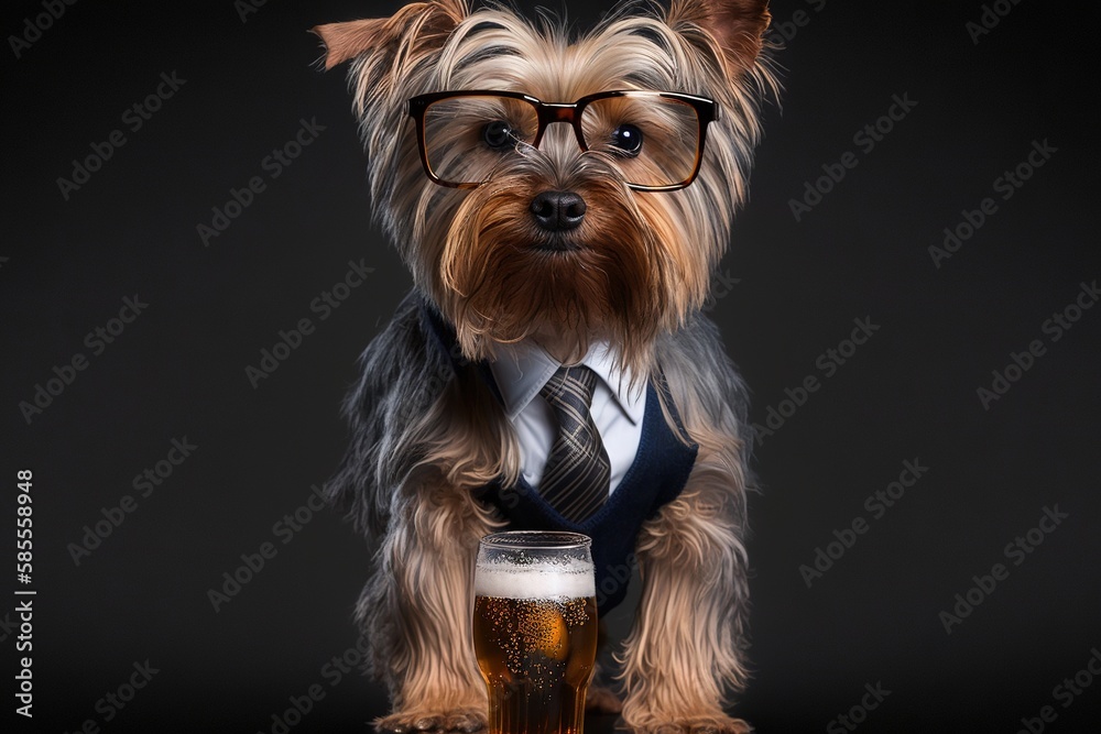 Portrait of a dog in a business suit with a glass of beer, congratulations and celebration, generative ai
