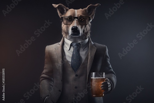 Portrait of a dog in a business suit with a glass of beer, congratulations and celebration, generative ai © Gizmo