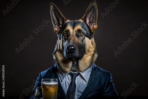 Portrait of a dog in a business suit with a glass of beer  congratulations and celebration  generative ai