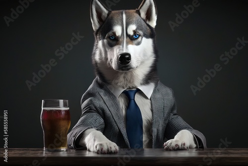 Portrait of a dog husky in a business suit with a glass of beer  congratulations and celebration  generative ai