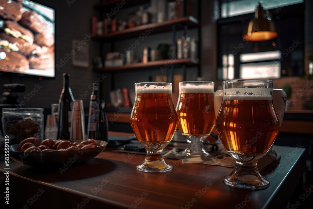 Preparation for watching the sport game.Cooled glass of beer with condensate on the wooden table. Blurred bar at the background Generative AI Preparation for watching the sport game.Cooled glass of beer with condensate on the wooden table. Blurred bar at the background Generative AI