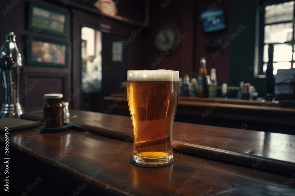 Preparation for watching the sport game.Cooled glass of beer with condensate on the wooden table. Blurred bar at the background Generative AI Preparation for watching the sport game.Cooled glass of beer with condensate on the wooden table. Blurred bar at the background Generative AI