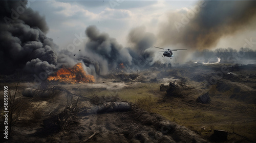 A harrowing war scene unfolds, captured in a strikingly realistic high-resolution photograph. In the distance, a helicopter has just been shot down