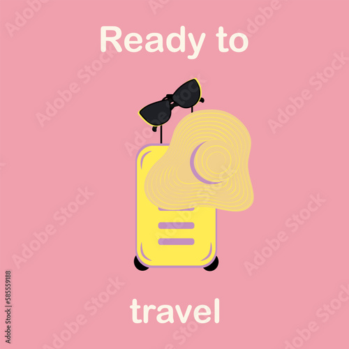 Design with suitcase, wide-brimmed hat, sunglasses and lettering Ready to travel in trendy shades