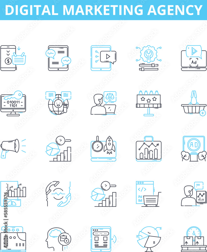 Digital marketing agency vector line icons set. Digital, Marketing, Agency, SEO, Ads, Analytics, Social illustration outline concept symbols and signs Digital marketing agency vector line icons set. Digital, Marketing, Agency, SEO, Ads, Analytics, Social illustration outline concept symbols and signs
