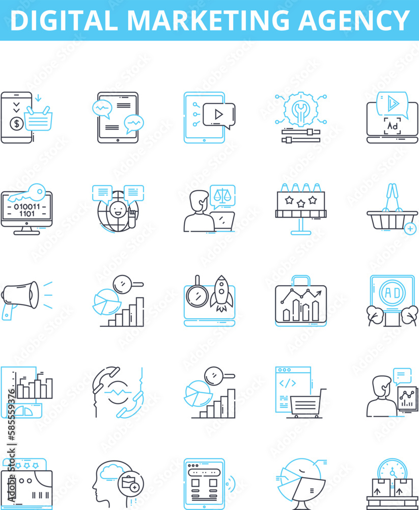 Digital marketing agency vector line icons set. Digital, Marketing, Agency, SEO, Ads, Analytics, Social illustration outline concept symbols and signs