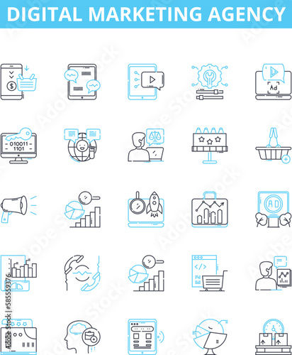 Digital marketing agency vector line icons set. Digital, Marketing, Agency, SEO, Ads, Analytics, Social illustration outline concept symbols and signs