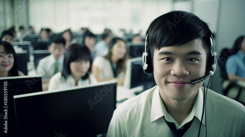 Young man working on customer service, technology, support, help, relationship; AI image